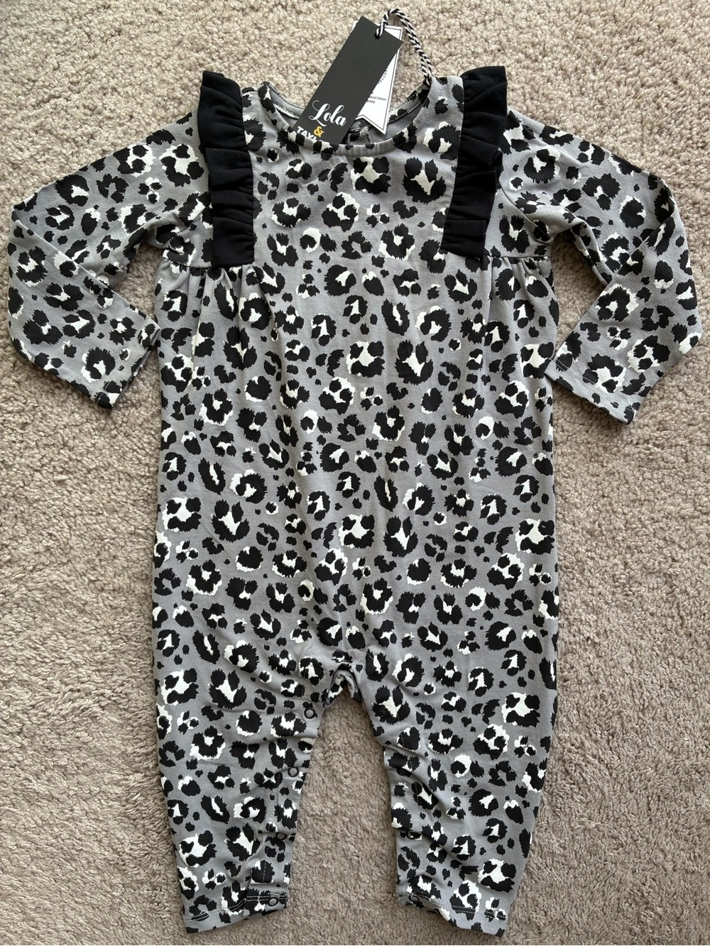 New Lola Gray & Black Leopard Ruffle-Shoulder One-Piece Bodysuit